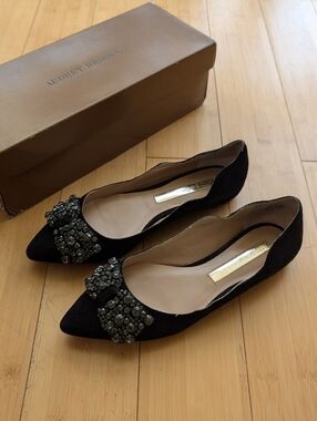 Audrey Brooke Embellished Black Pointed Suede Flats with Jeweled Bow